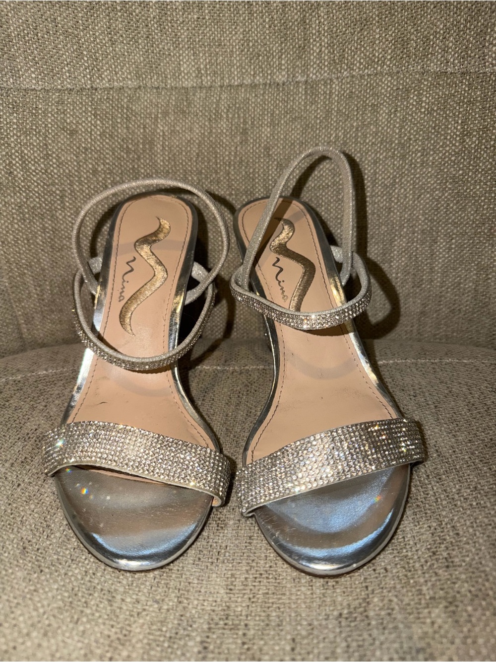 Nina Sparkling Silver Rhinestone Strap Heels